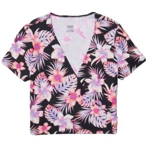 Victoria’s Secret PINK Pure Black Tropical Floral Ultimate Wrap Short Sleeve Top